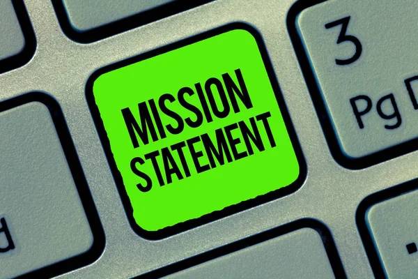 Writing note showing Mission Statement. Business photo showcasing Formal summary of the aims and values of a company