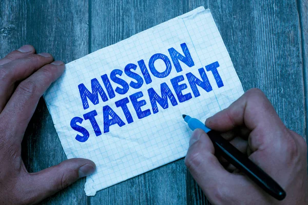 Text sign showing Mission Statement. Conceptual photo Formal summary of the aims and values of a company