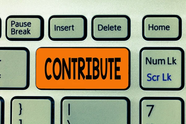 Testo di scrittura di parole Contribuisci. Concetto di business per Give al fine di contribuire a raggiungere o fornire qualcosa Aiuto — Foto Stock