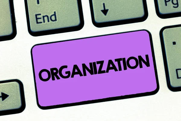 Signo de texto mostrando Organización. Foto conceptual Grupo organizado de muestra con un propósito particular Negocio — Foto de Stock