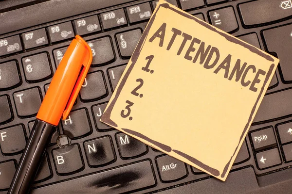 Conceptual hand writing showing Attendance. Business photo showcasing Going regularly Being present at place or event Number of showing — Stock Photo, Image