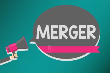 Word metin yazma birleşme. İş kavramı iki şey birleşimi için özellikle daire bir adam elinde megafon hoparlör konuşma balonu mesajı yüksek sesle konuşan şirketler..