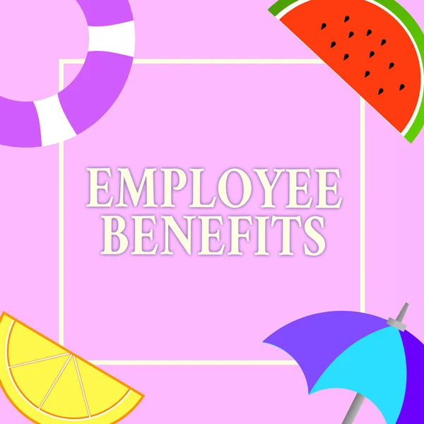 Writing note showing Employee Benefits. Business photo showcasing Indirect and noncash compensation paid to an employee.
