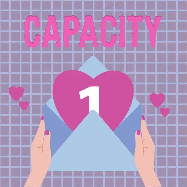 Text sign showing Capacity. Conceptual photo maximum amount that something can contain or produce specific time — Stock Photo, Image