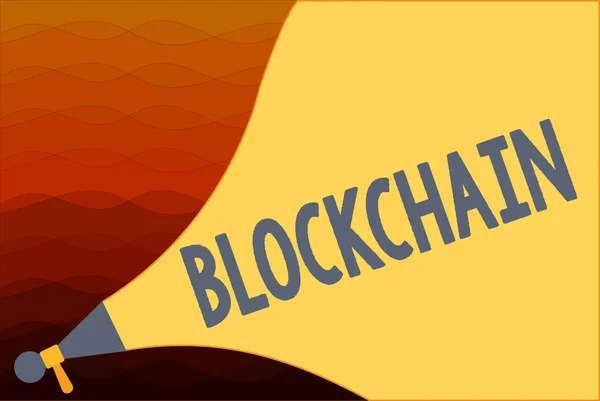 Signo de texto mostrando Blockchain. Foto conceptual Las transacciones de contabilidad digital se realizan en criptomonedas —  Fotos de Stock