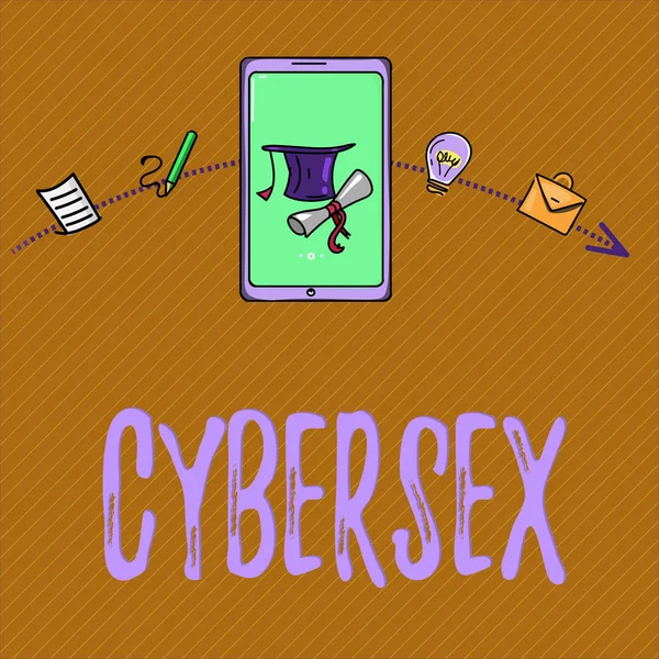 サイバー セックスを示すテキスト記号。コンピューター技術を用いた vr 装置を身に着けている概念的な写真性的興奮 — ストック写真