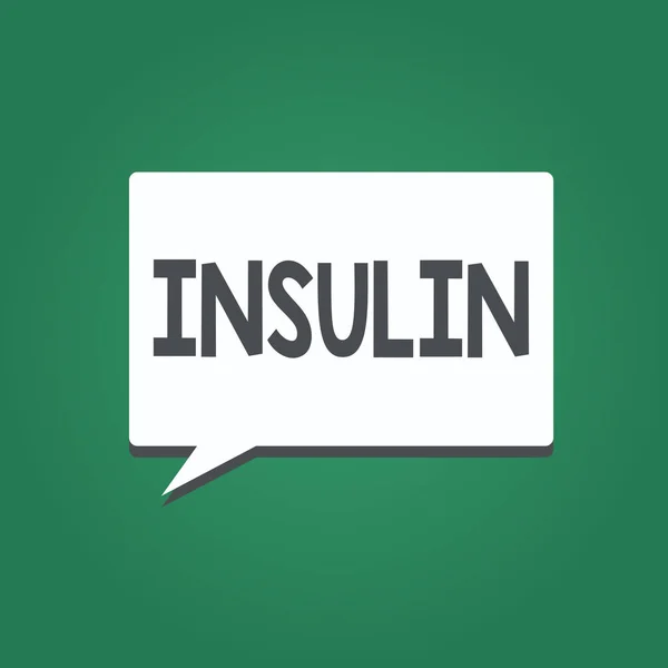 Escrita à mão conceitual mostrando insulina. Texto da foto do negócio Hormônio pancreático da proteína Regula a glicose no sangue — Fotografia de Stock
