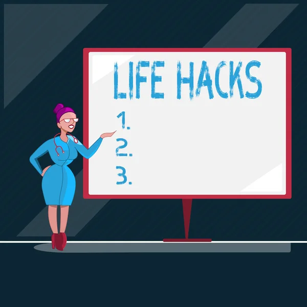 Escribiendo nota mostrando Life Hacks. Exposición de fotos de negocios Técnica de estrategia para analizar las actividades diarias de manera más eficiente —  Fotos de Stock