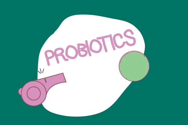 Uwaga: pisanie Wyświetlono probiotyki. Biznesowe zdjęcie prezentujący żywych bakterii mikroorganizm gospodarzem do ciała dla jej korzyści — Zdjęcie stockowe