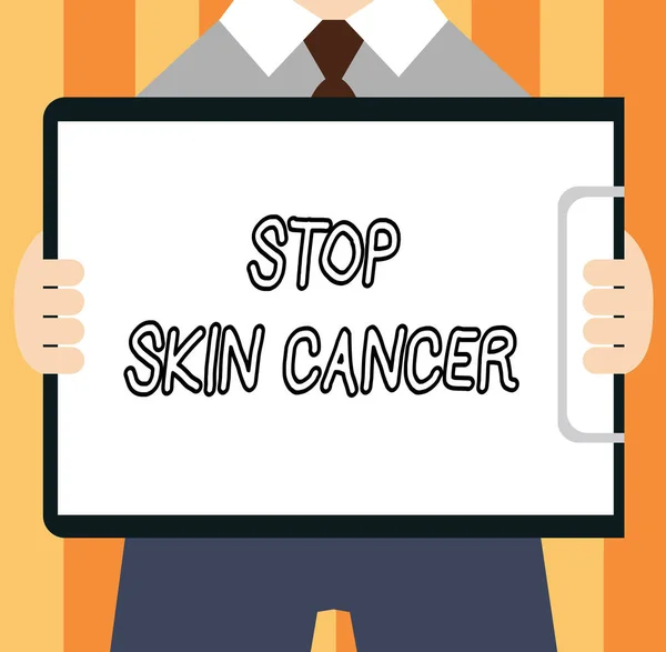 Ord att skriva texten stoppa hudcancer. Affärsidé för undvika förlänga exponering för ultraviolett strålning — Stockfoto