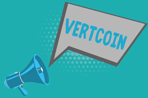 Writing note showing Vertcoin. Business photo showcasing Cryptocurrency Blockchain Digital currency Tradeable token — Stock Photo, Image