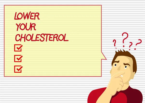 Texto de escritura a mano Baja tu colesterol. Concepto significado Reducir la ingesta de alimentos grasos Hacer ejercicio regular —  Fotos de Stock