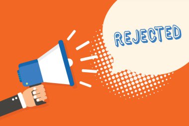 Reddedilen yazma el yazısı metin. Kabul edilemez veya hatalı olarak yetersiz görevden anlam kavramı megafon hoparlör konuşma balonu turuncu arka plana yarı ton tutan adam kabul reddediyorum.