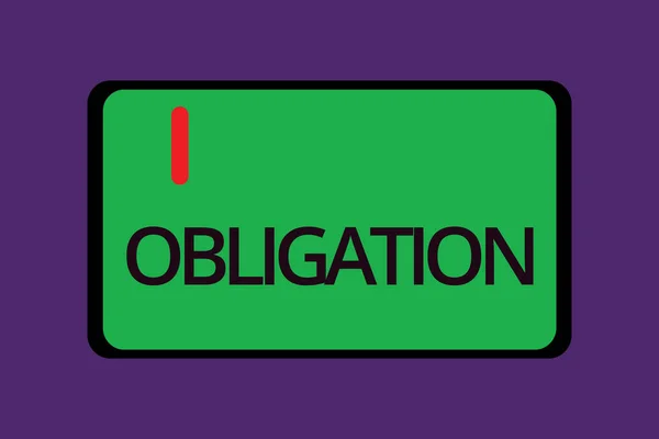 Text sign showing Obligation. Conceptual photo Condition of being morally or legally bound to do something Debt — Stock Photo, Image