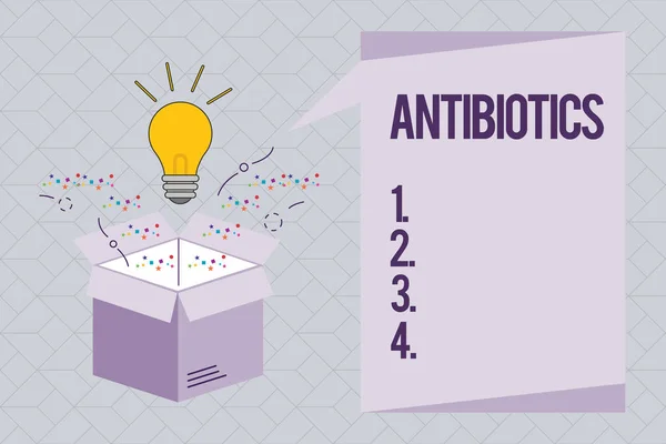 テキスト記号を示す抗生物質。概念的な写真細菌感染症の治療と予防に使用される薬剤 — ストック写真