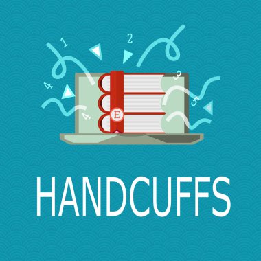 Kavramsal el kelepçe gösterilen yazma. Bir mahkum güvenliğini sağlamak için kilitlenebilir bağlantılı metal halkalar çifti vitrine iş fotoğraf