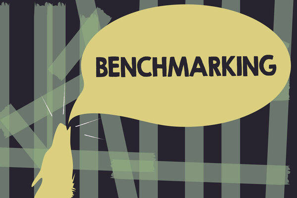 Writing note showing Benchmarking. Business photo showcasing Evaluate something by comparison with a standard Strategy