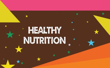 Sağlıklı beslenme gösterilen Not yazma. Sağlıklı ve beslenme gıda dengeli beslenme vitrine iş fotoğraf