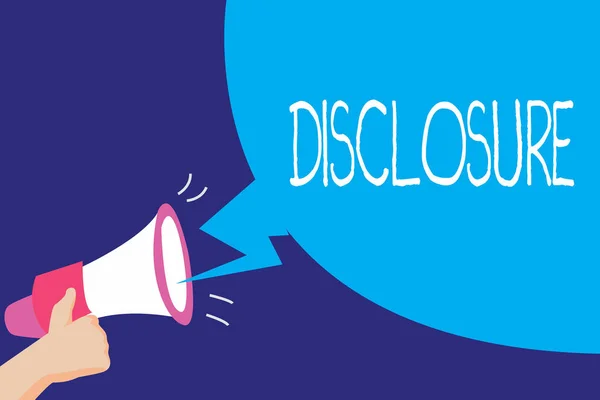 Text sign showing Disclosure. Conceptual photo The action of making New or Secret Confidential information known — Stock Photo, Image