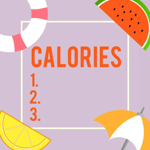 Tanda teks menunjukkan Kalori. Foto konseptual Energi yang dilepaskan oleh makanan seperti yang dicerna oleh badan huanalysis — Stok Foto