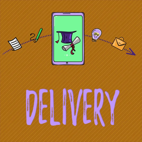 Signo de texto que muestra Delivery. Fotografía conceptual acción de entrega de cartas paquetes o mercancías Dar a luz —  Fotos de Stock