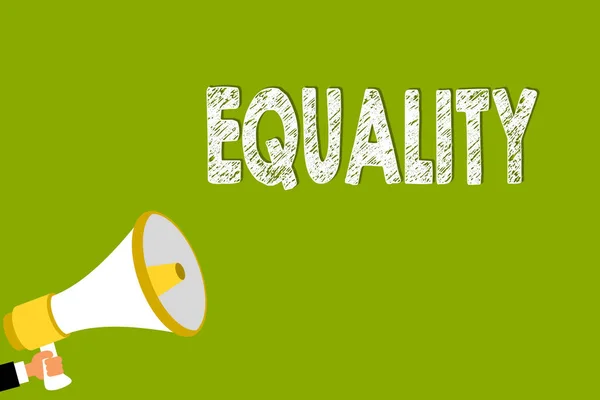 Word writing text Equality. Business concept for state of being equal especially in status rights or opportunities Man holding megaphone loudspeaker green background message speaking loud. — Stock Photo, Image