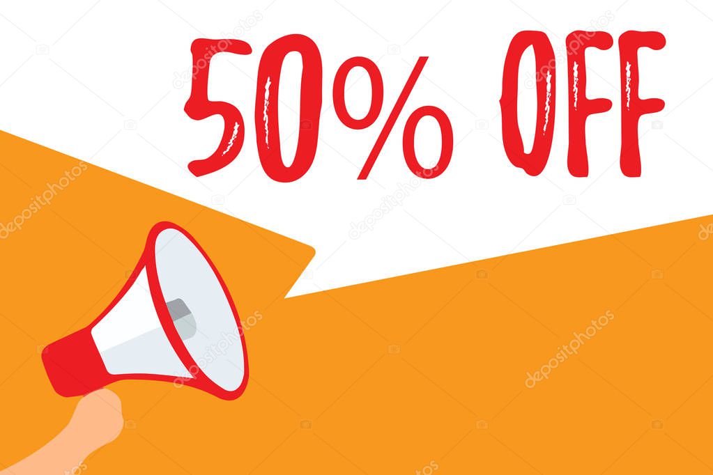 Text sign showing 50 Off. Conceptual photo Discount of fifty percent over regular price Promotion Sale Clearance Megaphone loudspeaker speech bubbles important message speaking out loud.