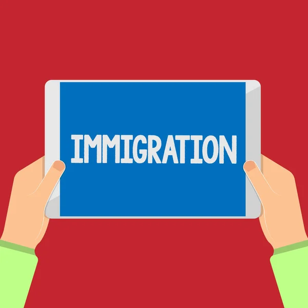 Scrivere una nota che mostra l'immigrazione. Business photo showcase Azione di venire a vivere peranaliticamente in un paese straniero . — Foto Stock