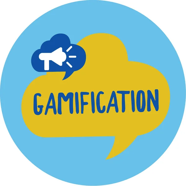 개념적 손을 Gamification을 보여주는 작성입니다. 응용 프로그램의 다른 영역으로 게임의 전형적인 요소를 보여주는 비즈니스 사진 — 스톡 사진