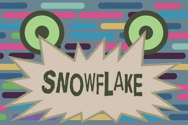 Κείμενο πινακίδα που δείχνει νιφάδα χιονιού. Εννοιολογική φωτογραφία μικρό κομμάτι από το χιόνι που πέφτει από τον παγετό κρύσταλλα — Φωτογραφία Αρχείου
