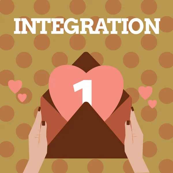 Sinal de texto mostrando Integração. Foto conceitual Ação ou processo integrando Encontrar um Envolvimento Integral — Fotografia de Stock
