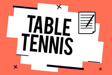 Masa Tenisi yazma el yazısı metin. İç mekan oyun anlam kavramı küçük yarasalar ve geri dönmüş bir top ile oynadı