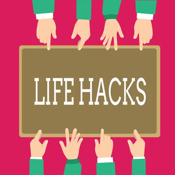 Texto de escritura de palabras Life Hacks. Concepto de negocio para la técnica de estrategia para analizar las actividades diarias de manera más eficiente —  Fotos de Stock