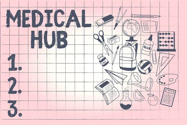 Conceptual hand writing showing Medical Hub. Business photo showcasing Common connection point for medical devices in a network