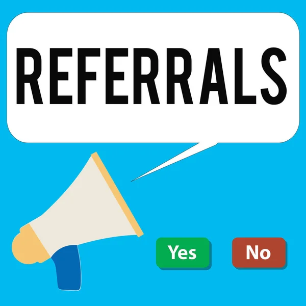 Writing note showing Referrals. Business photo showcasing Act of referring someone or something for consultation review — Stock Photo, Image