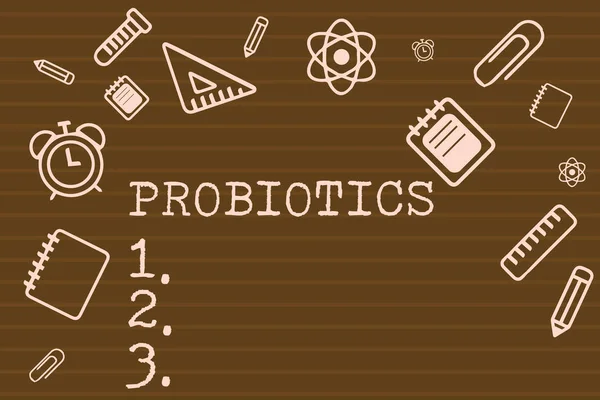 Probiotics를 보여주는 글을 참고. 비즈니스 사진 보여주는 라이브 박테리아 미생물 그 혜택에 대 한 본문에 호스팅 — 스톡 사진