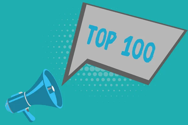 Nota de escrita mostrando Top 100. Apresentação de fotos de negócios Lista dos melhores serviços de produtos Popular Bestseller Premium high rate — Fotografia de Stock