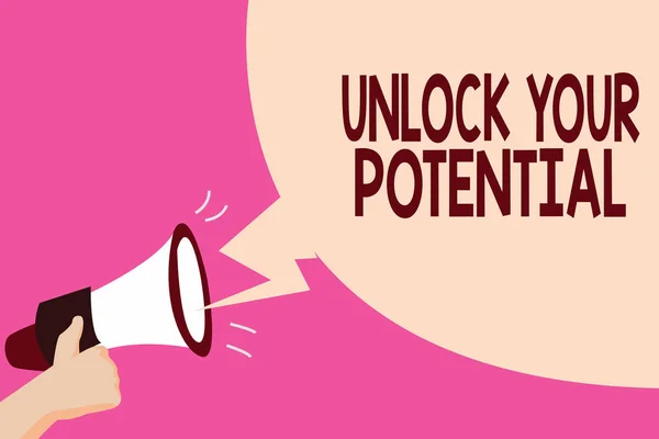 Writing note showing Unlock Your Potential question. Business photo showcasing Maximize your Ability Use God given gift — Stock Photo, Image