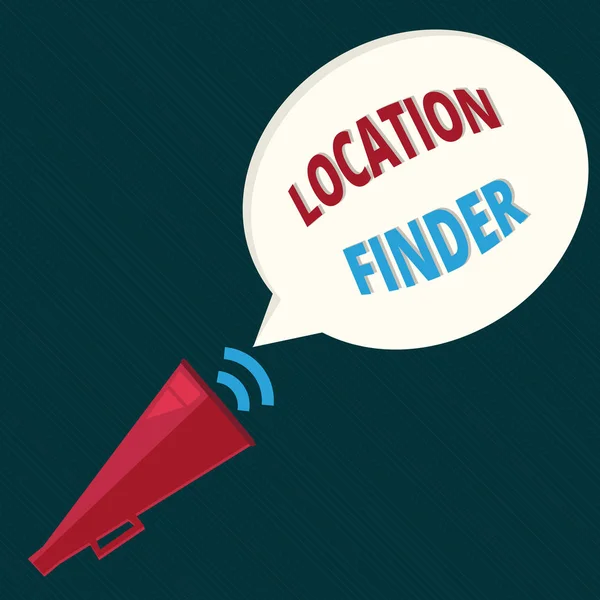 Sinal de texto mostrando Localizador de localização. Foto conceitual Um serviço caracterizado para encontrar o endereço de um lugar selecionado — Fotografia de Stock