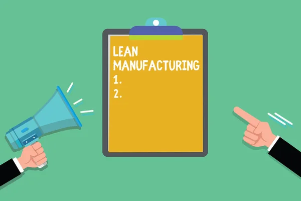 Nota de escritura que muestra Lean Manufacturing. Foto de negocios mostrando Minimización de Residuos sin sacrificar la productividad — Foto de Stock