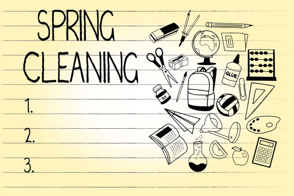 単語の書き込みテキスト春のクリーニング。春の徹底した清掃の実践のためのビジネスコンセプト — ストック写真