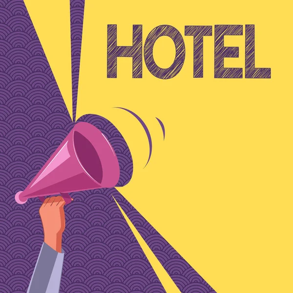Escritura manual conceptual que muestra el hotel. Establecimiento de texto fotográfico de negocios que ofrece servicios de comidas para viajeros —  Fotos de Stock