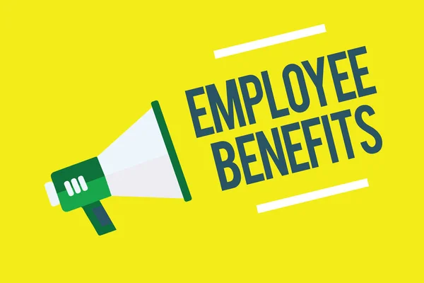 Writing note showing Employee Benefits. Business photo showcasing Indirect and noncash compensation paid to an employee Megaphone yellow background important message speaking loud.