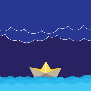 İş kavramı boş kopya metin Web afiş promosyon malzemesi şablon dalga ağır bulutlar ve kağıt tekne deniz manzarası sahne vektör boş kopya alanı kadar alay için Tasarla