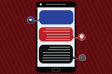 İzole iş kavramı boş şablon kopya alanı posterler kupon promosyon malzemesi Mobile Messenger ekranı ile sohbet başkanları ve boş renk konuşma balonları