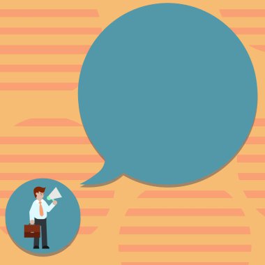 Adam kravat taşıyan evrak çantası elinde megafon boş konuşma balonu içinde reklam için Minimalist grafik düzeni şablonu tasarım iş boş şablon izole