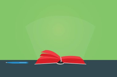 Tasarım iş kavramı boş şablon kopya alanı metin reklam Web sitesi için izole renkli sayfalar, Açık kitap vektör masada kalem ve ışık ışını göze batan ile