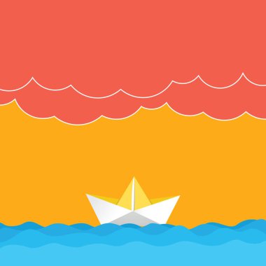 İş kavramı boş kopya metin Web afiş promosyon malzemesi şablon dalga ağır bulutlar ve kağıt tekne deniz manzarası sahne vektör boş kopya alanı kadar alay için Tasarla