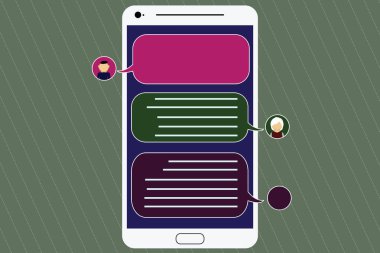 İzole iş kavramı boş şablon kopya alanı posterler kupon promosyon malzemesi Mobile Messenger ekranı ile sohbet başkanları ve boş renk konuşma balonları