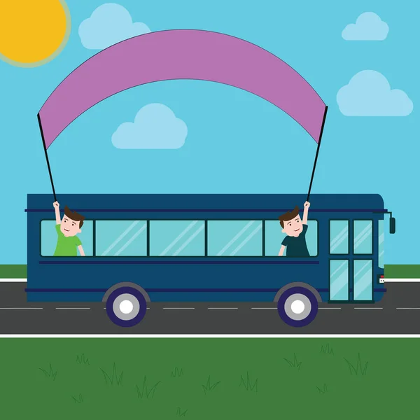 Σχεδιασμός επιχειρήσεων χώρο κενό αντίγραφο κείμενο για διαφήμιση προώθηση ιστοσελίδας απομονωμένη πρότυπο Banner δύο παιδιά μέσα στο σχολικό λεωφορείο κρατώντας έξω Banner με το ραβδί σε μια ημερήσια εκδρομή — Διανυσματικό Αρχείο